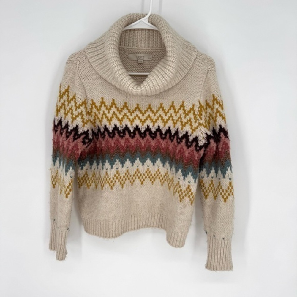 LOFT Cream and Gold Cowl Neck wool blend Sweater with nordic, cosycore medium